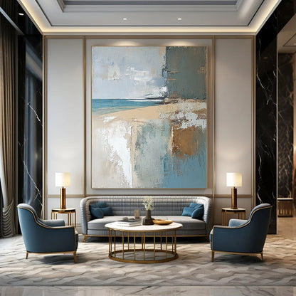 Contemporary abstract painting featuring a textured English beach scene in muted earthy tones, showcasing light blue, brown, neutral green, and grey. DLZ0454