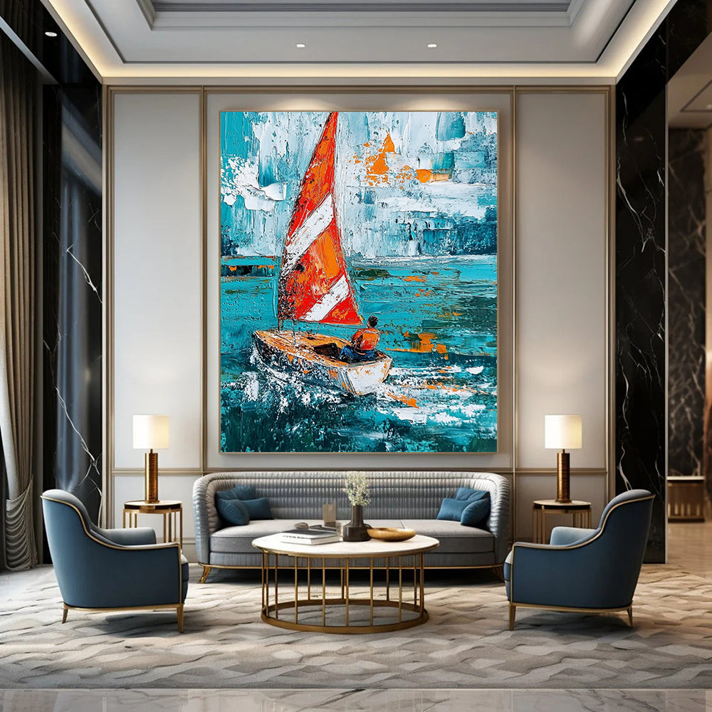 Contemporary hand-painted abstract art showcasing a sailboat with striped sails navigating turquoise waves, featuring expressive brush strokes and textured impasto techniques. DLZ1697