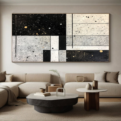 Black, White, Gray, Gold with Grid Splatter "Industrial Chic" Abstract Painting On Canvas HB015
