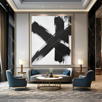 Contemporary large abstract painting featuring black and white brushstrokes dynamic textures and a symmetrical cross-shaped composition on a white background. DLZ1541