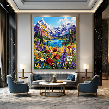 Contemporary hand-painted abstraction featuring vibrant British Columbia mountains snow-capped peaks lush forests and colorful wildflowers in an alpine meadow. DLZ1498