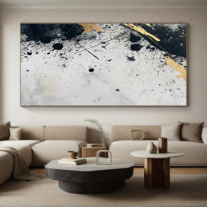 Gray, Black, Gold, Splattered Patterns "Industrial Luxe" Abstract Painting On Canvas HB037