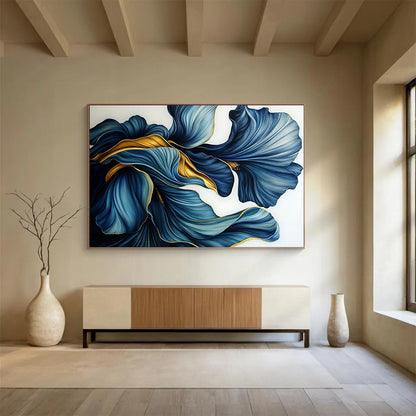 “Blue - Gold Petal Swirls” - Intricate blue petals with golden accents, Floral Realism Painting On Canvas HB0536