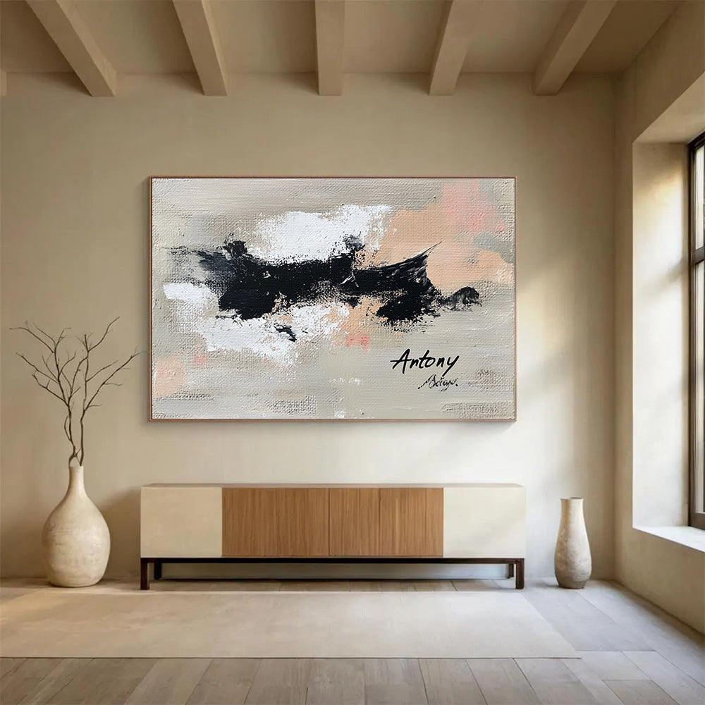 “Abstract Black Splatters” - Black, white, beige, pink, Abstract Expressionist Painting HB0621