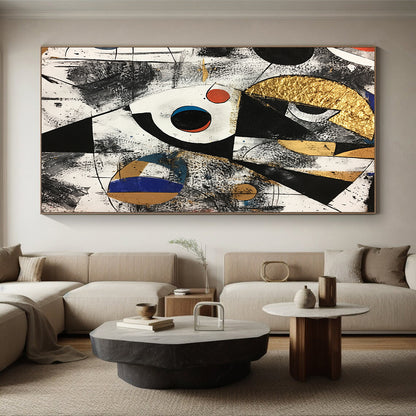 Black, White, Gold, Red and Blue Geometric Abstraction "Cosmic Collision" Painting On Canvas HB323