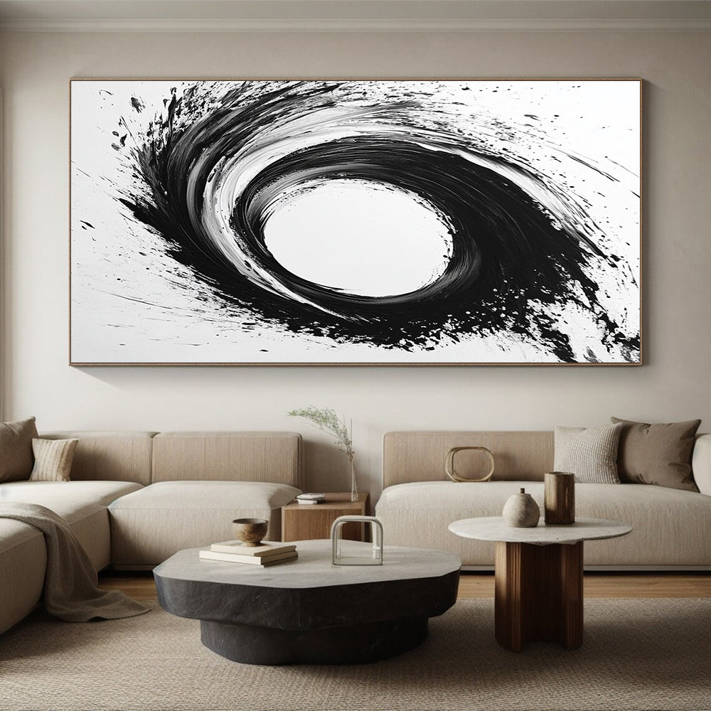 Black, White, Dynamic Circular Swirl "Whirlwind Ink" Abstract Expressionist Painting On Canvas HB133