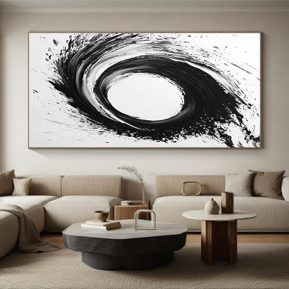 Black, White, Dynamic Circular Swirl "Whirlwind Ink" Abstract Expressionist Painting On Canvas HB133