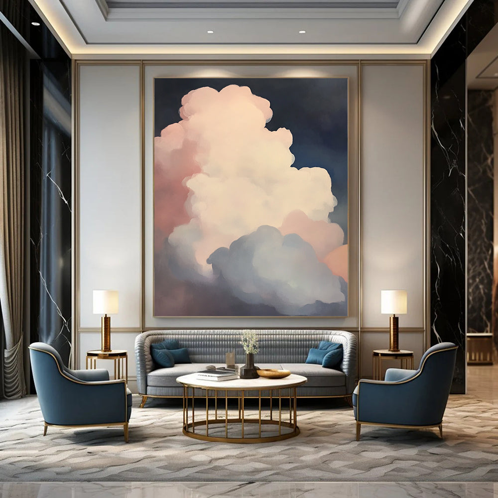 Contemporary hand-painted abstract art featuring puffy white clouds in soft pink and blue against a dark, low-contrast background. DLZ1092