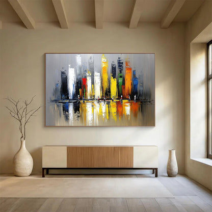 “Vibrant Cityscape with Figures” - Gray, Yellow, Red, Blue, Colorful Urban Scene - Impasto Acrylic Painting HB1669
