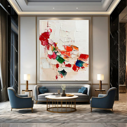 Contemporary hand-painted abstract artwork featuring vibrant reds and greens on a textured white background inspired by Jean-Léon Gérôme. DLZ0574