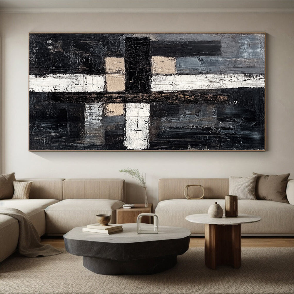 Black, Gray, Beige, White with Textured Blocks "Subtle Stories" Abstract Painting On Canvas HB007