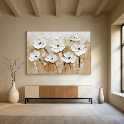 3D White Flowers on Beige - Textured Floral Relief Painting On Canvas HB0426