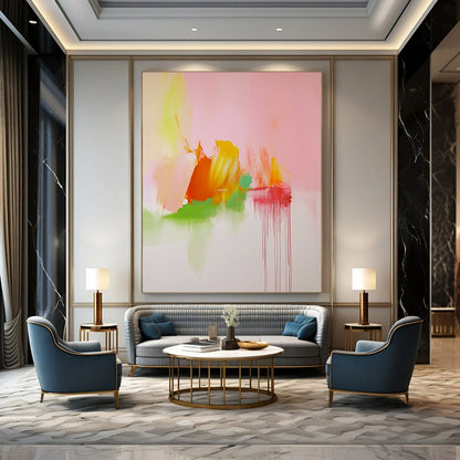Contemporary hand-painted abstract art featuring soft pink green and orange tones inspired by Cy Twombly's dynamic style. DLZ1703
