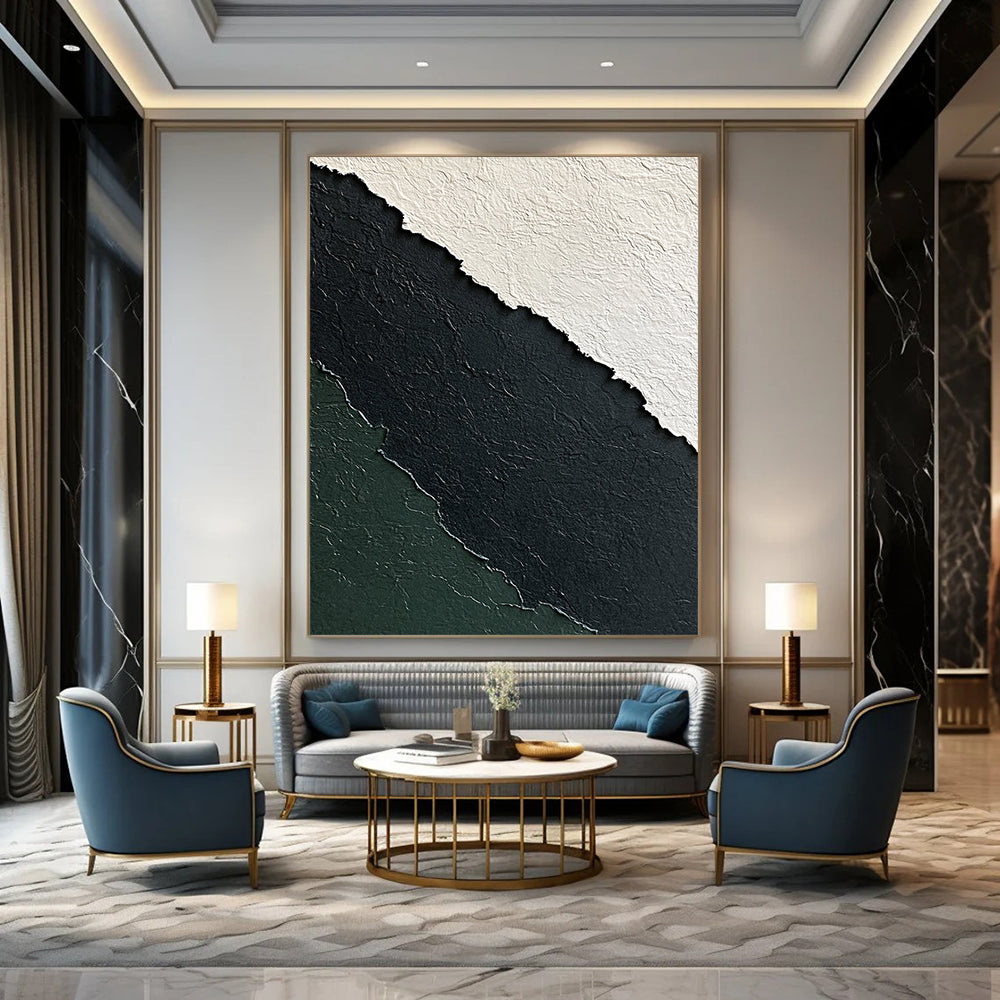 Contemporary abstract art features a textured paper design in black white and green against a dark gray background for a minimalistic elegance. DLZ1249
