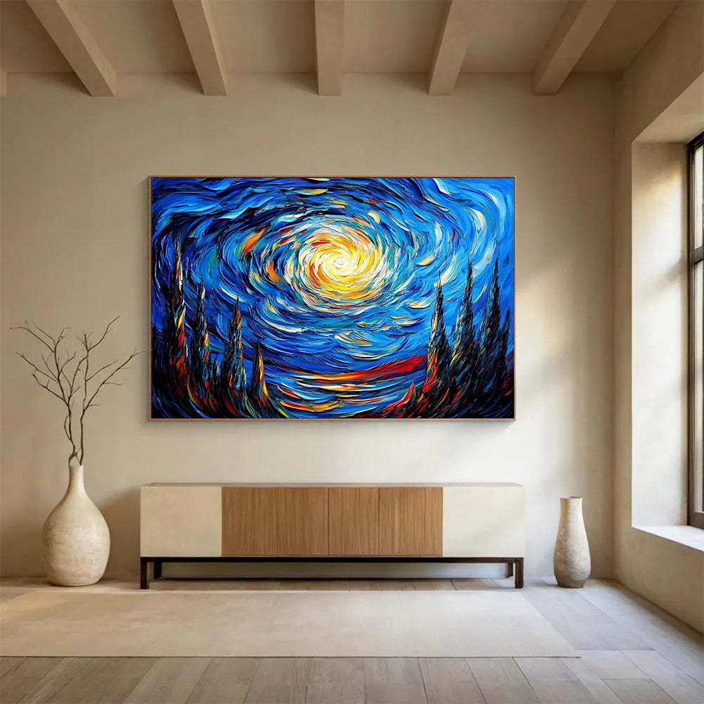 “Swirling Starry Night” - Deep Blues, Bright Yellows, Oranges, Dynamic Starry Sky - Impasto Oil Painting HB1721