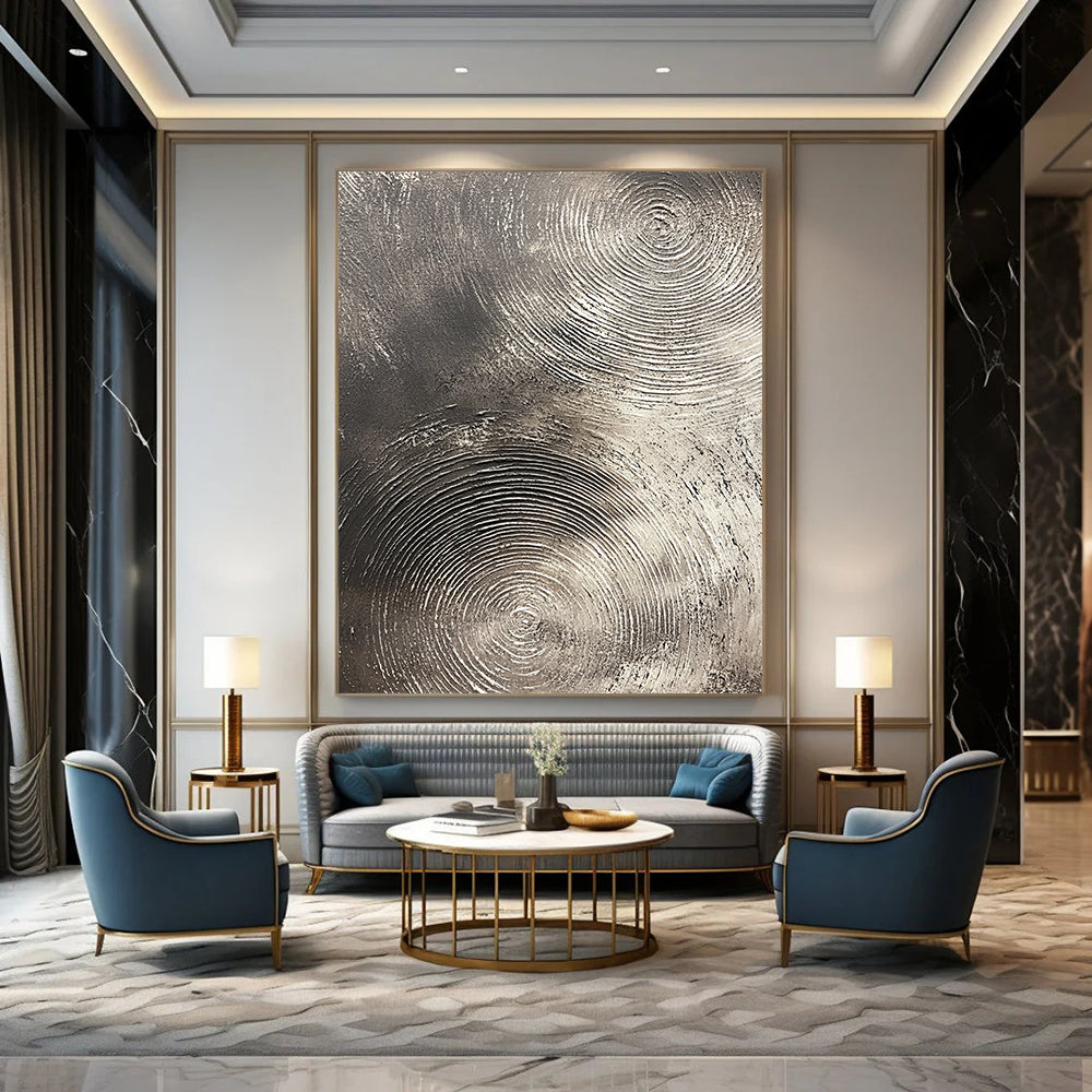Contemporary abstract artwork features silver textures with swirling patterns on a dark gray background emphasizing depth and movement. DLZ1075
