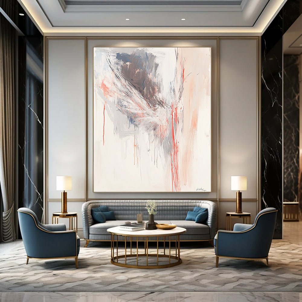 Contemporary abstract painting featuring soft red lines forming an angelian shape against a light gray and white background. DLZ0865