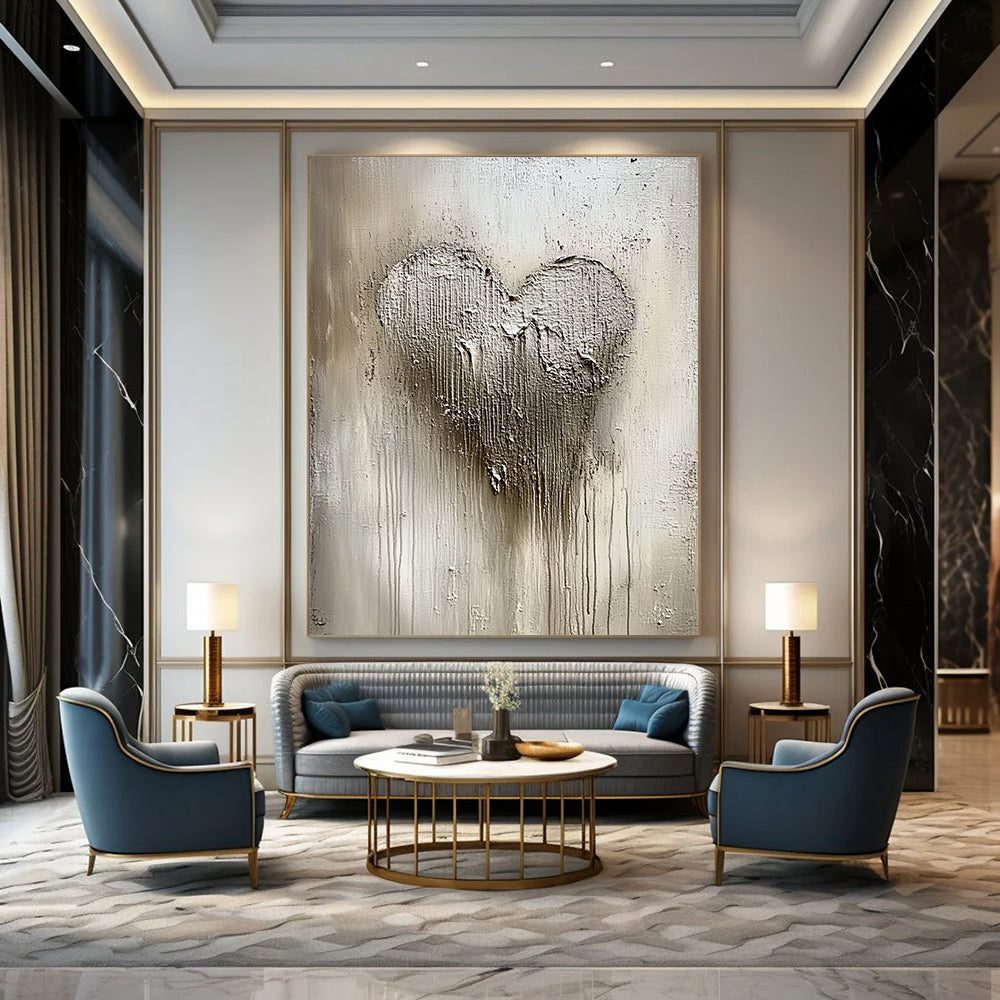 Contemporary abstract painting featuring textured silver and white patterns with a central heart shape, capturing winter's beauty in shimmering details and a cool palette. DLZ0531