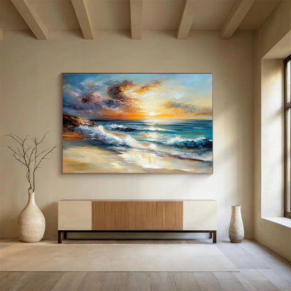 Sunset Beach with Crashing Waves - Expressive Impasto Seaside Painting On Canvas HB0441
