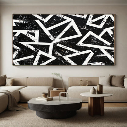 Black, White, Geometric Triangles "Monochrome Maze" Abstract Op - Art Painting On Canvas HB108