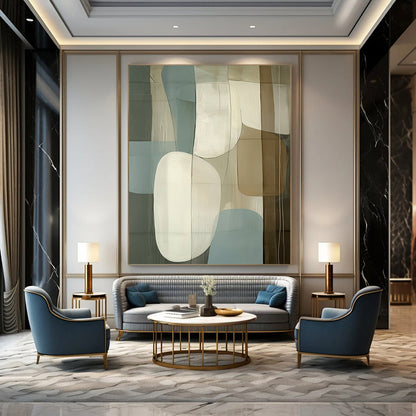 Large contemporary hand-painted abstract artwork featuring light blue beige and white shapes on a dark gray background with striking depth. DLZ1299