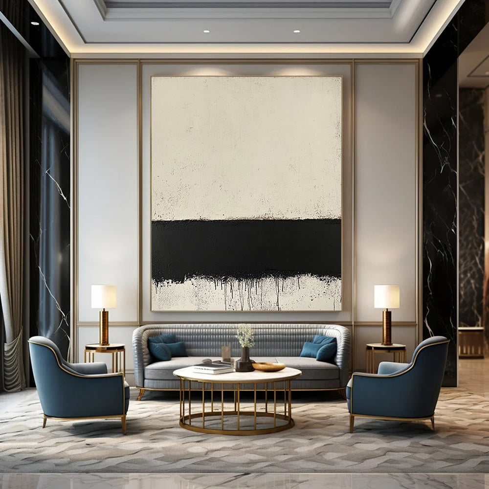 Contemporary hand-painted abstract art featuring a textured cream surface layered over a black border inspired by Mark Rothko's style. DLZ1355
