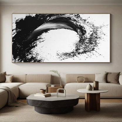 Black & White Ink Wave - “Powerful Ocean Ink” Painting On Canvas HB235