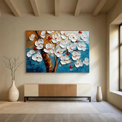“Textured White Blossoms on Blue” - White, red, brown, blue; 3D - like white flowers on a textured blue background; Palette Knife Oil Painting On Canvas HB1198