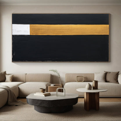 Black, Gold, White, Vertical Stripes "Elegant Divide" Abstract Modernist Painting On Canvas HB113