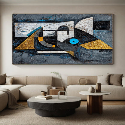 Gray, Black, White, Gold and Blue Cubist - Inspired "Abstract Portrait" Painting On Canvas HB319