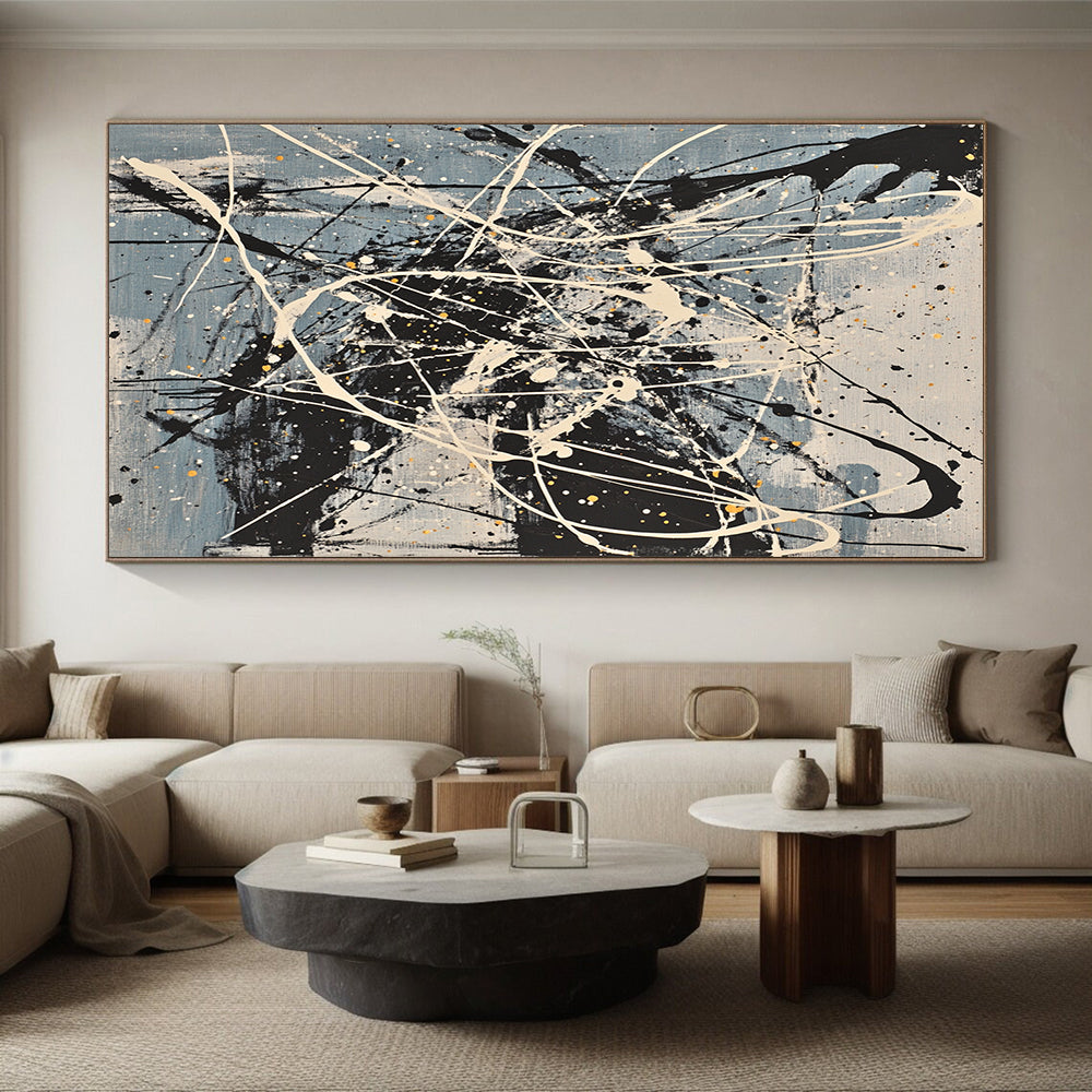 Gray, Black, White, Yellow, Splattered Cords "Dynamic Network" Abstract Expressionist Painting On Canvas HB066
