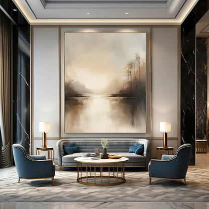 Abstract landscape artwork featuring neutral beige and gray tones tranquil water reflections and a serene muted sky evoking an ethereal calmness. DLZ0414