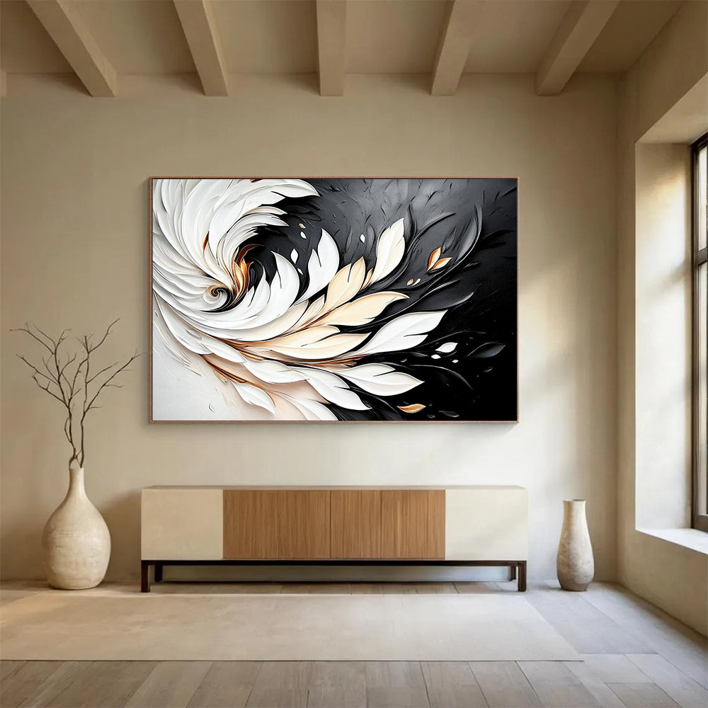 “3D White - Gold Feather Swirl on Black” - White, Gold, 3D Feather Shapes Painting On Canvas HB0796