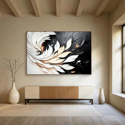 “3D White - Gold Feather Swirl on Black” - White, Gold, 3D Feather Shapes Painting On Canvas HB0796