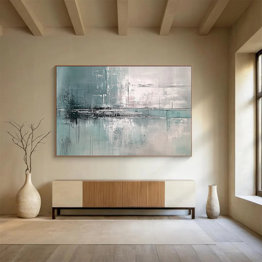 “Teal Gray Abstract Reflections” - Teal, Gray, White, Textured Forms - Painting On Canvas HB1422