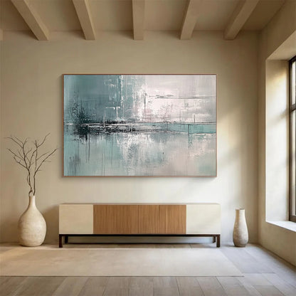 “Teal Gray Abstract Reflections” - Teal, Gray, White, Textured Forms - Painting On Canvas HB1422