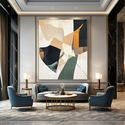 Large contemporary abstract painting featuring beige black and green shapes on a white background with minimalistic collage-like elements and soft atmospheric effects. DLZ1039