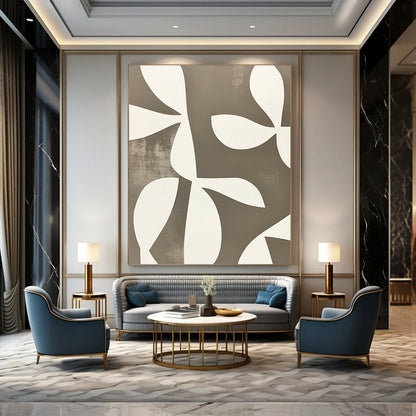 Contemporary abstract artwork featuring minimalist shapes and overlapping floral forms in white on grey, echoing Matisse’s style with defined edges. DLZ1648