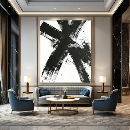 Contemporary large hand-painted abstract artwork featuring a black and white cross with dynamic intersecting lines and expressive brush strokes. DLZ1539