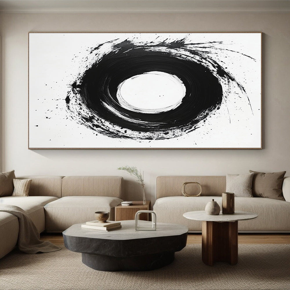 Black, White, Bold Circular Stroke "Ink Moon" Abstract Minimalist Painting On Canvas HB132