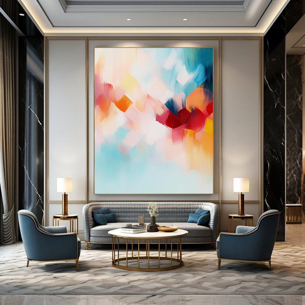 Contemporary abstract painting features soft pastel tones and a joyful blend of turquoise, red, orange, and cloud-like shapes to evoke freedom and nature. DLZ0441