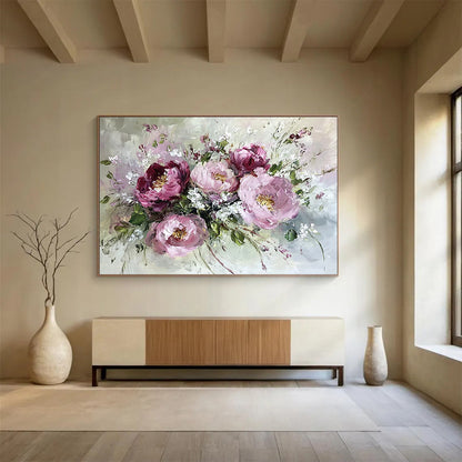 “Pink - Toned Peony Bouquet” - Pinks, Whites, Greens, Peony Flowers - Impasto Oil Painting HB1586
