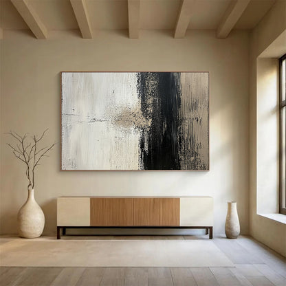 “Textured Black and White Abstract” - Black, white, beige; Textured abstract with bold brushstrokes; Acrylic Painting On Canvas HB1269