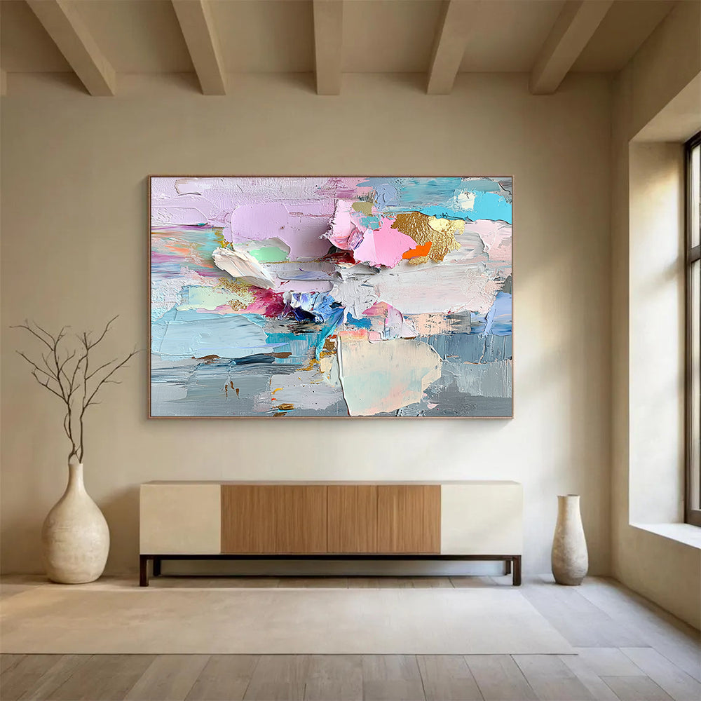 “Colorful Textured Abstract Collage” - Pink, Blue, Gold, Colorful textured abstract shapes - Impasto Oil Painting HB1794