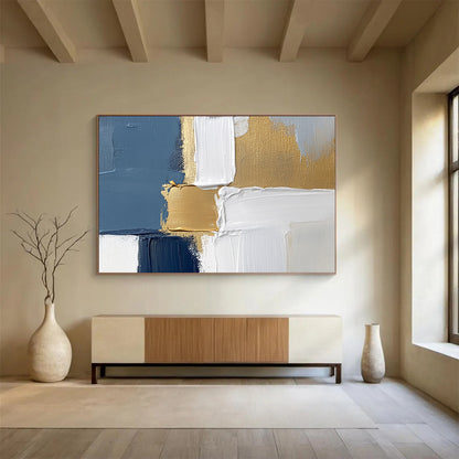 Blue, White, and Gold Geometric Abstract - Modernist Painting On Canvas HB0501