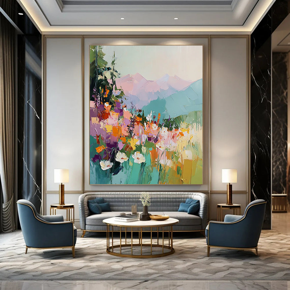 Vibrant contemporary abstract painting with thick brushstrokes depicting colorful wildflowers mountains and a dramatic sky in rich hues. DLZ0418