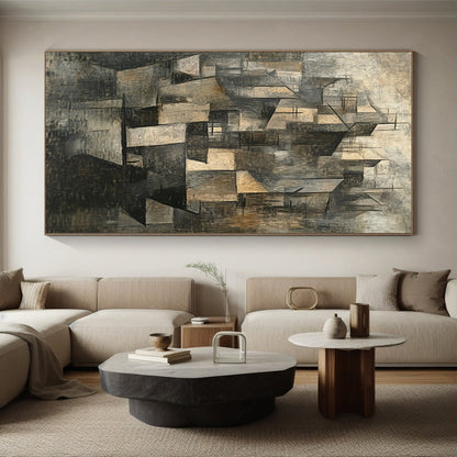 Gray, Brown and Black Cubist Cityscape "Urban Fragmentation" Painting On Canvas HB371