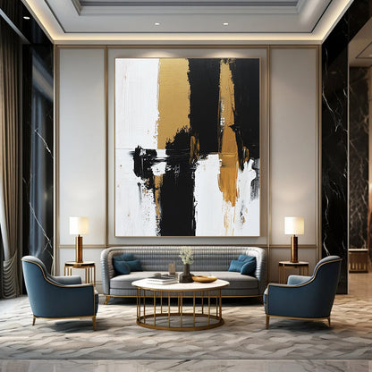 Contemporary hand-painted abstract artwork features bold brush strokes and rich textures in black, white, and gold tones on canvas. DLZ0495