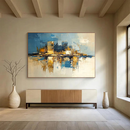 “Cityscape Reflections” - Deep blues, golds, whites; Abstract city skyline mirrored in water; Palette Knife Oil Painting On Canvas HB1177
