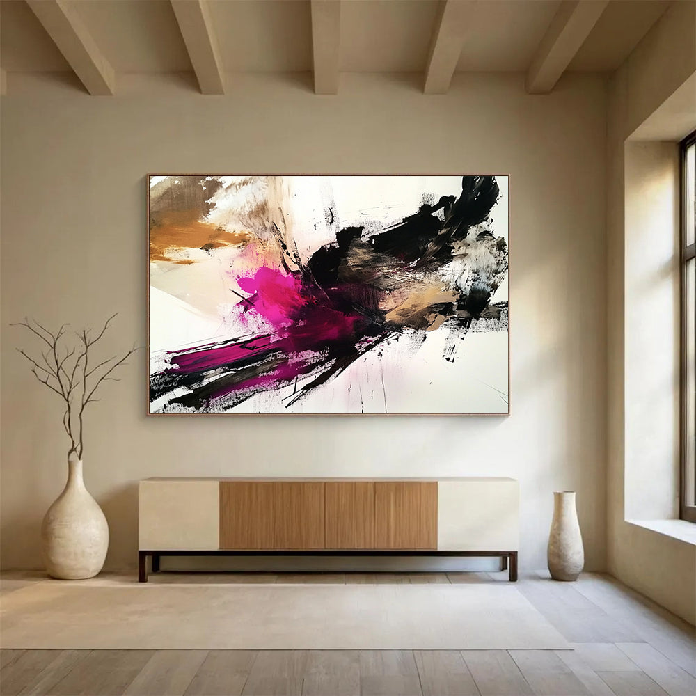 “Bold Pink Black Abstract” - Pink, Black, Beige with Dramatic Strokes - Painting On Canvas HB1372